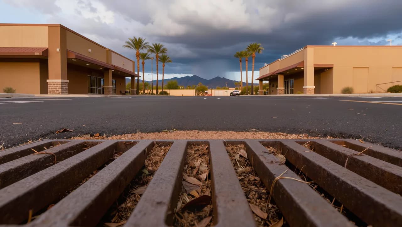 Parking lot area drain packed with silt at a Phoenix strip center, monsoon clouds building