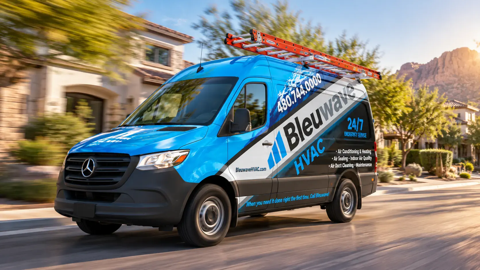 A Bleuwave service van driving through a Valley neighborhood