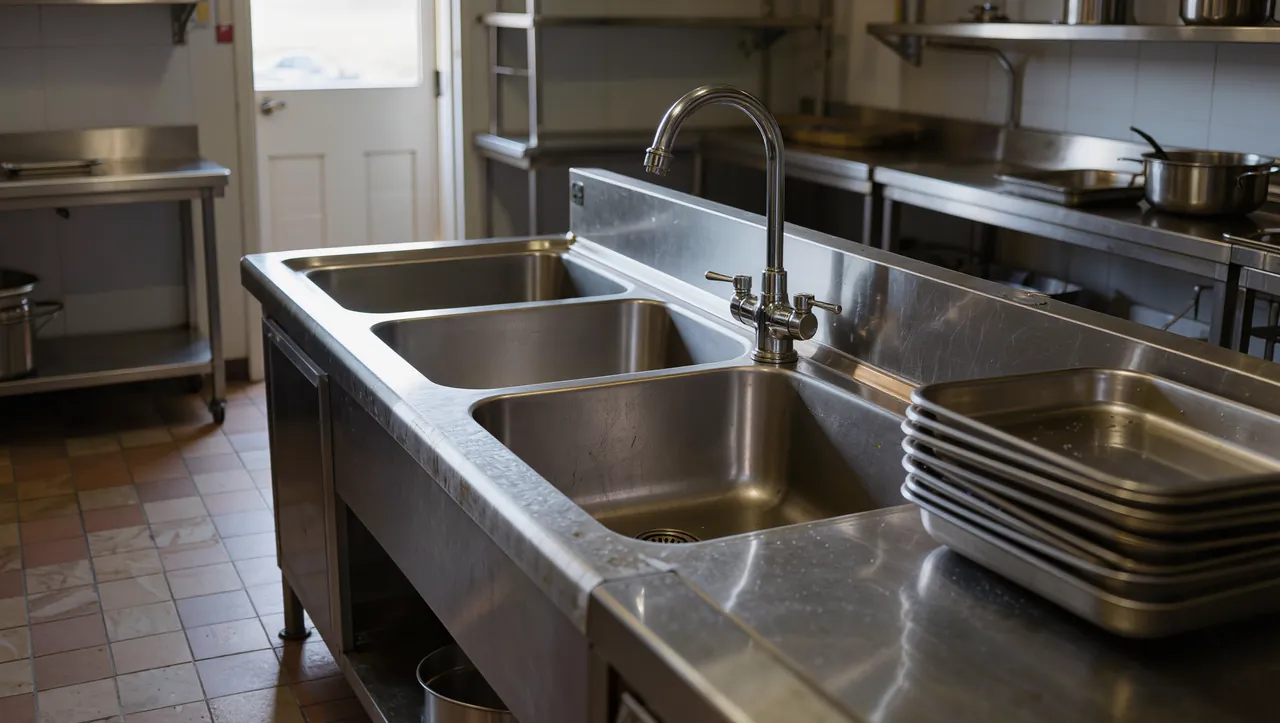 Empty three-compartment sink beside a stack of unwashed sheet pans in a restaurant kitchen