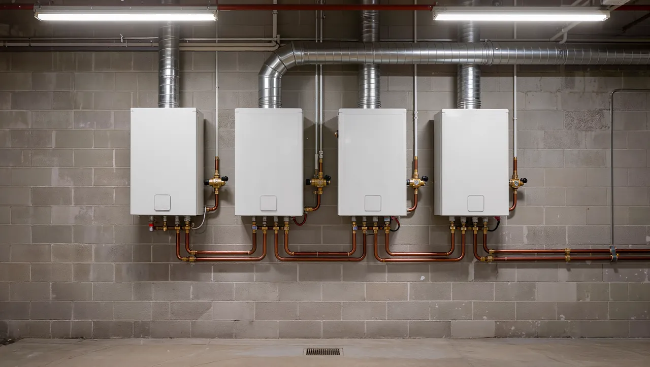 Four commercial tankless water heaters piped together on a mechanical room wall