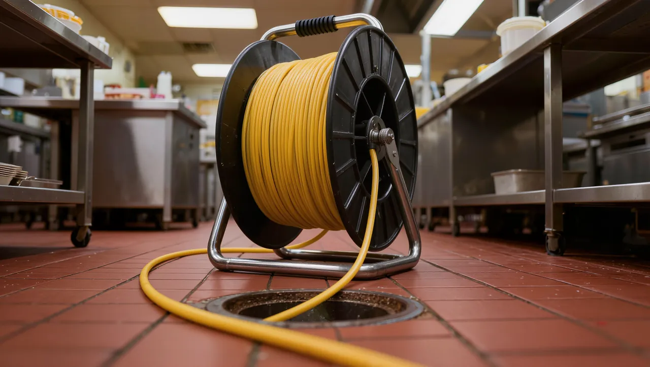 Drain inspection camera reel feeding its cable into a floor cleanout in a commercial kitchen