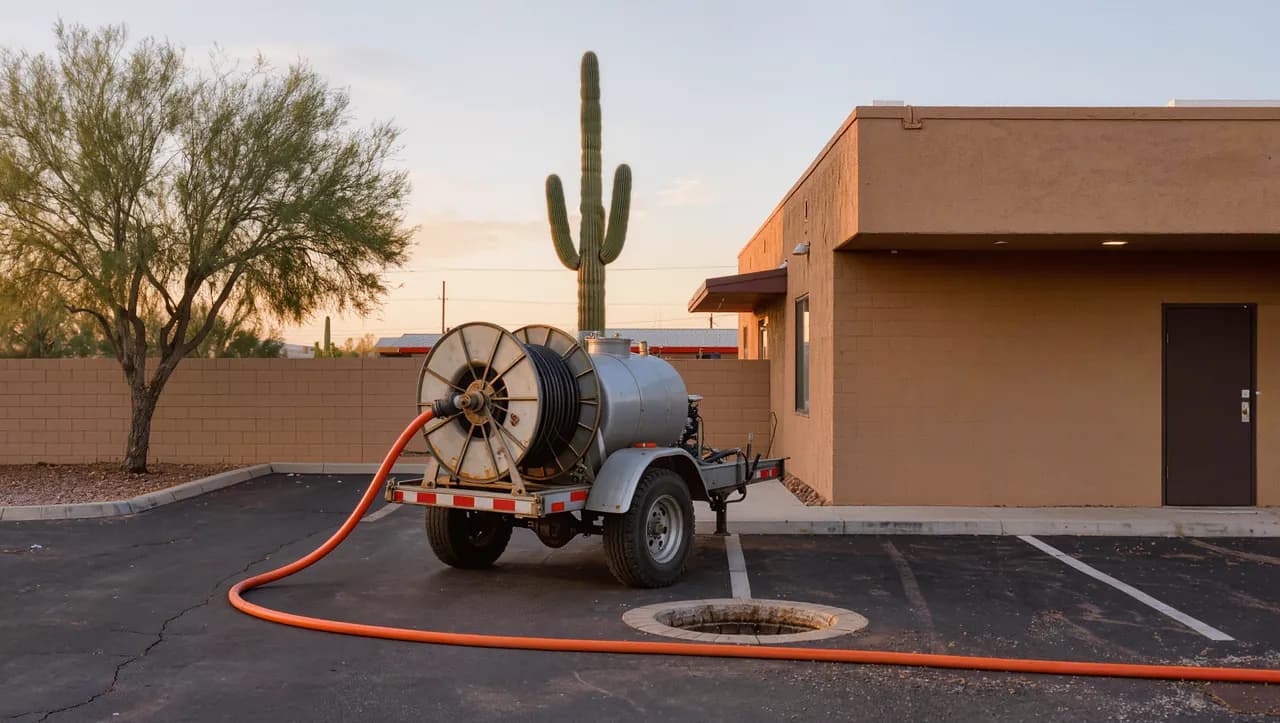 Jetting trailer with its hose run to a sewer cleanout behind a restaurant in Phoenix