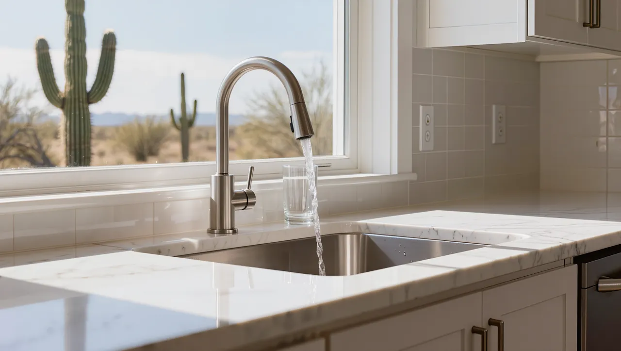 Kitchen faucet running beside a glass of water, with desert landscaping through the window