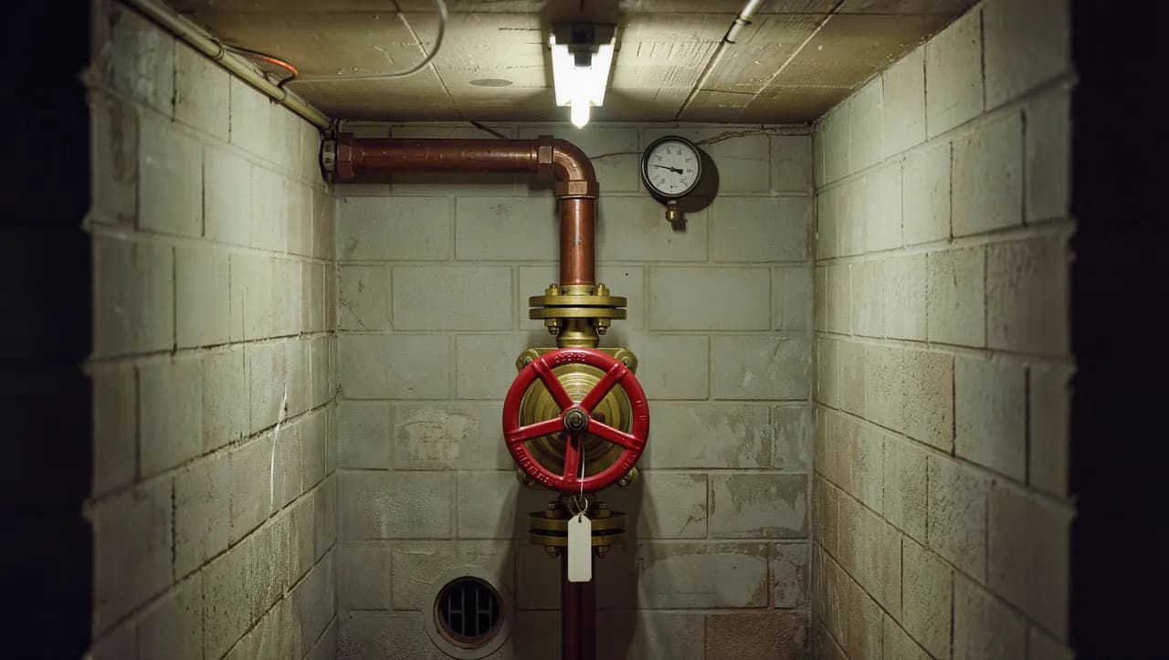 Main water shutoff valve with a red handwheel on a copper riser