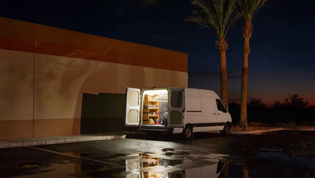 Plumbing service van with its rear doors open outside a commercial building in Phoenix at night