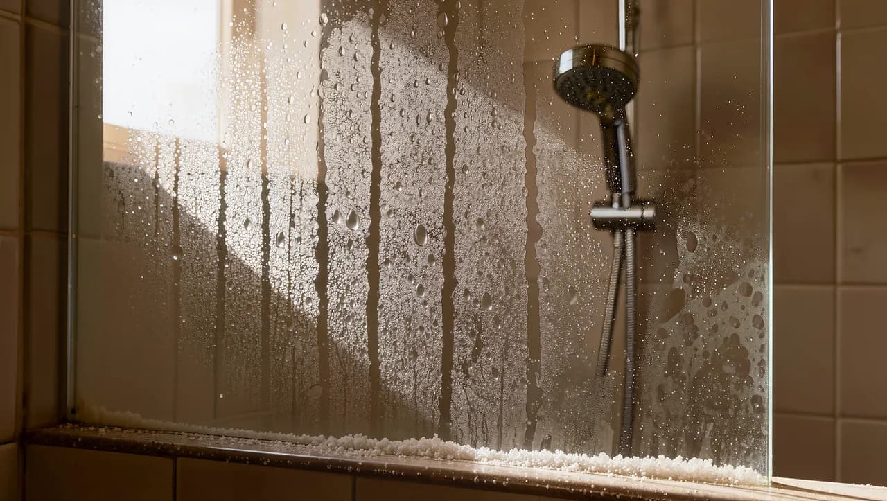 Hard water spots and mineral film on a glass shower door