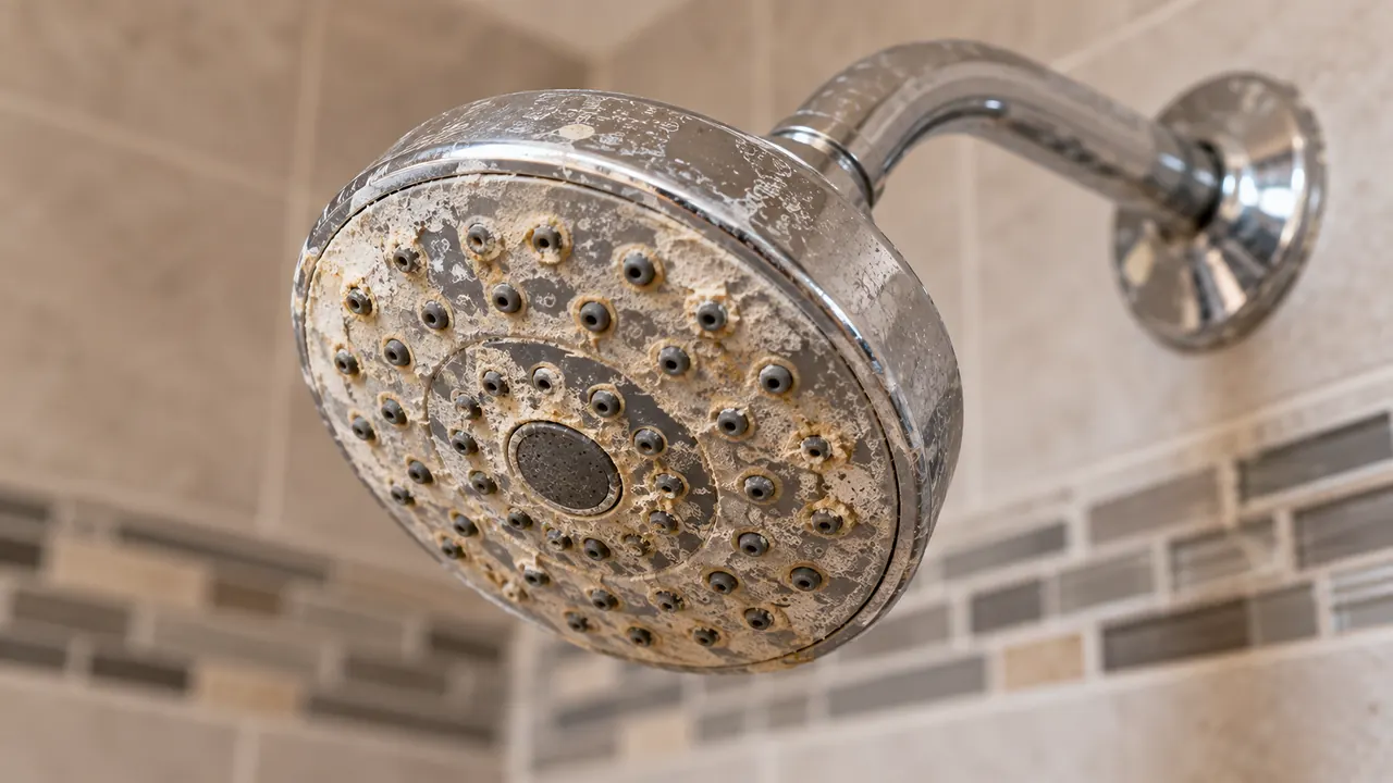 Shower head crusted with hard-water scale around its nozzles