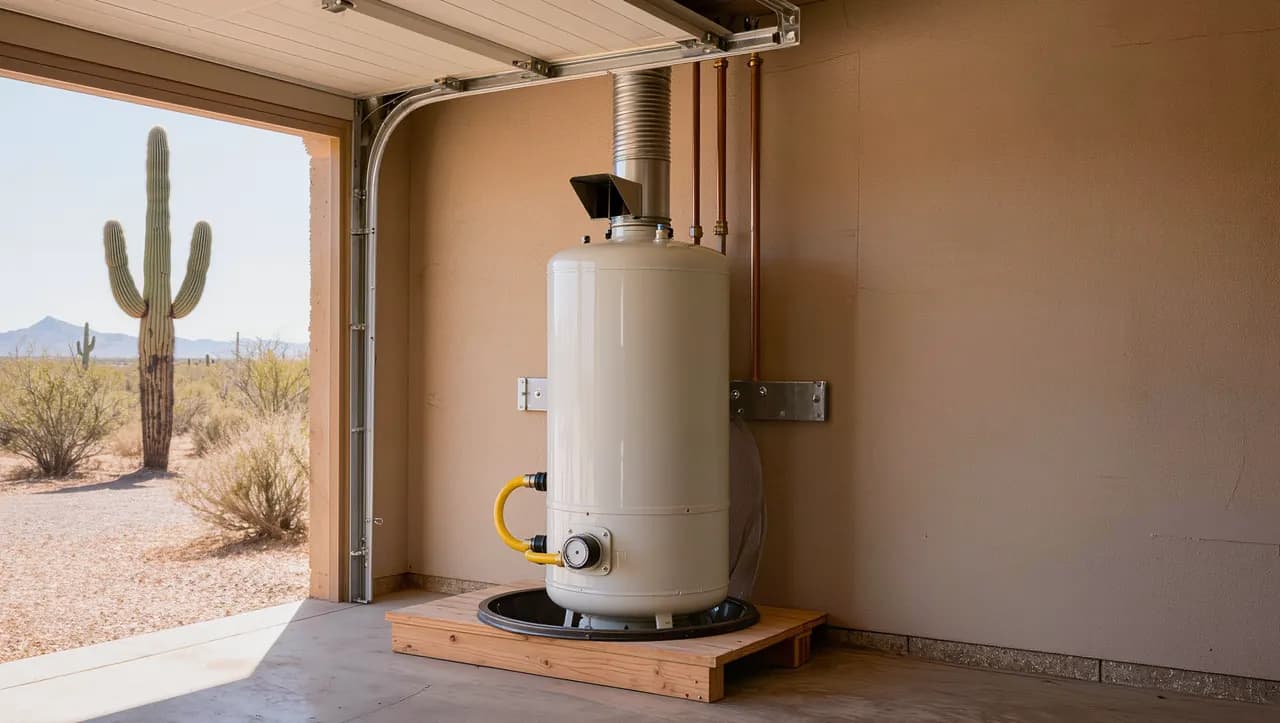 Gas tank water heater strapped to a garage wall in a drain pan, desert landscaping outside
