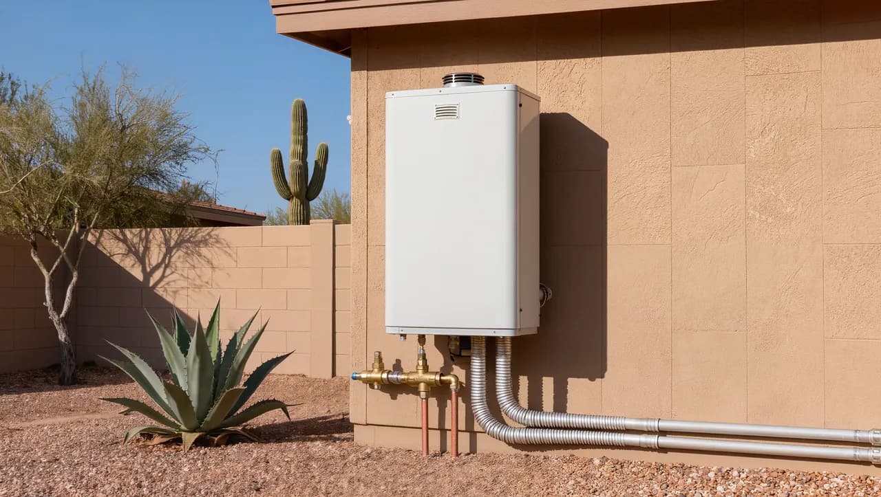 Tankless water heater mounted on the stucco wall of a Phoenix home, with desert landscaping