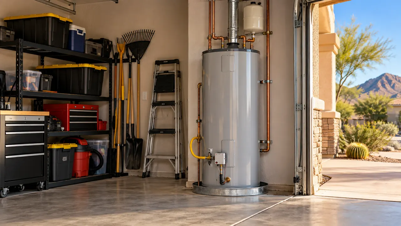 Tank water heater in a drain pan in a Phoenix garage, with the door open to a desert yard