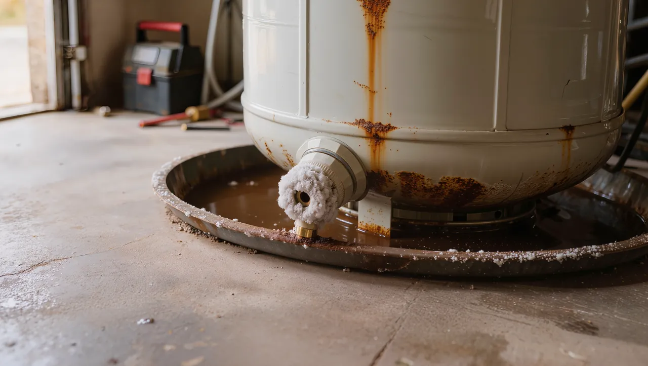 Rust streaks and mineral crust at the base of an old water heater, with rusty water in the drain pan