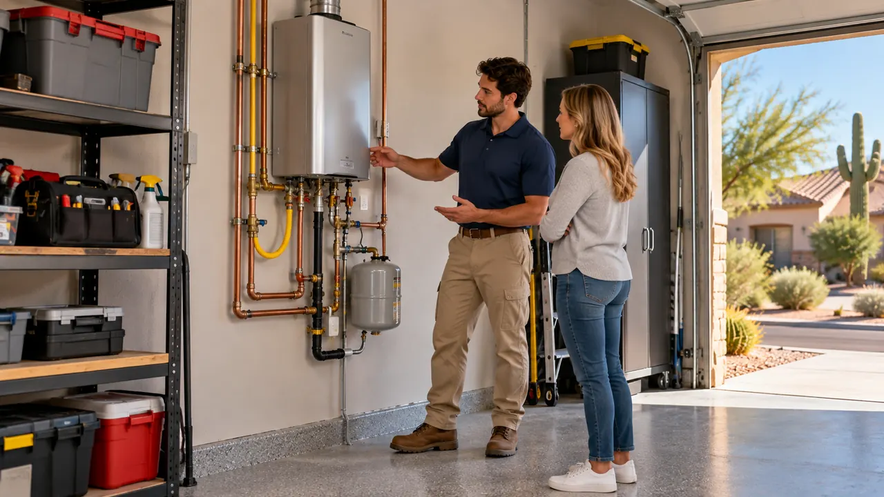 A plumber walks a homeowner through a wall-mounted tankless water heater in a Phoenix garage