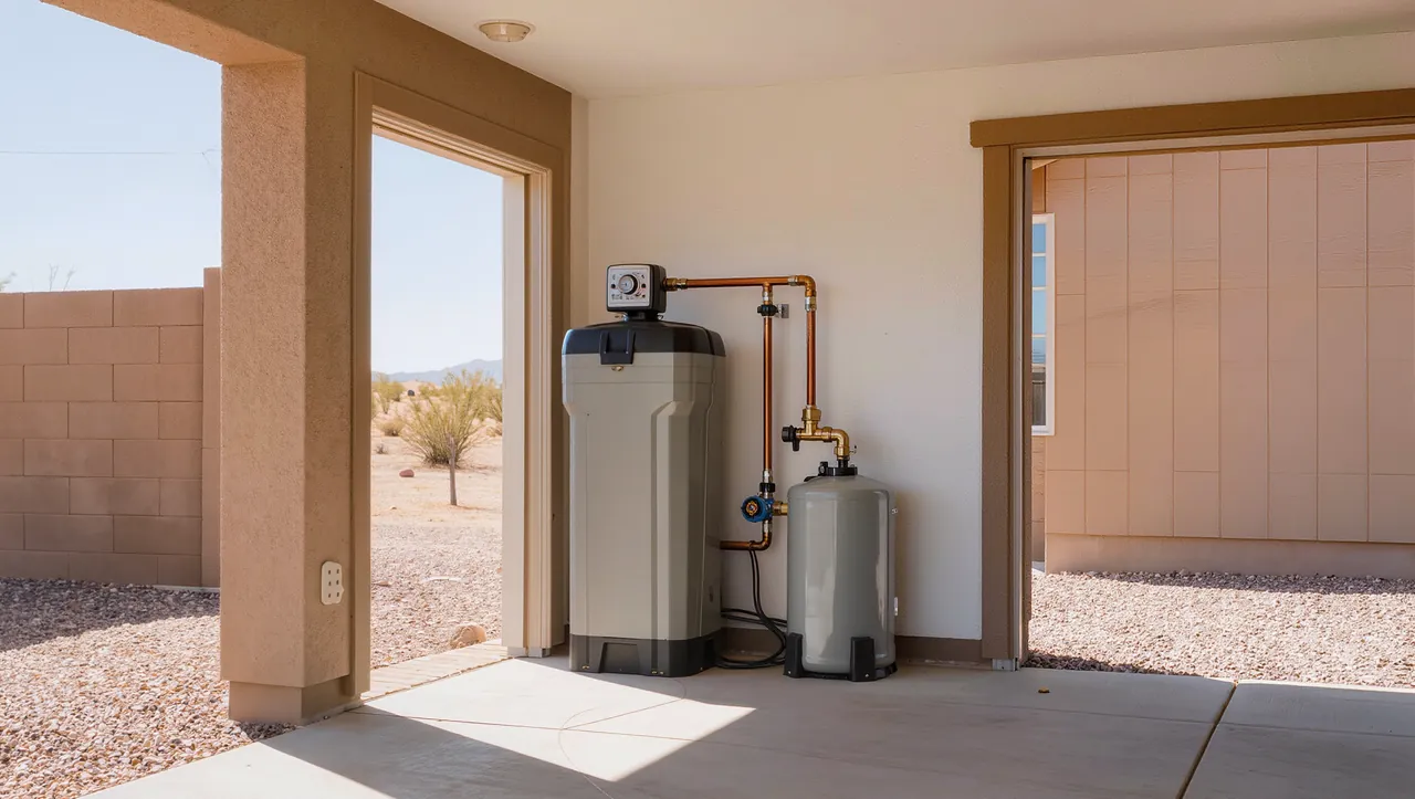 Whole-house water softener and brine tank plumbed into copper lines in a Phoenix garage