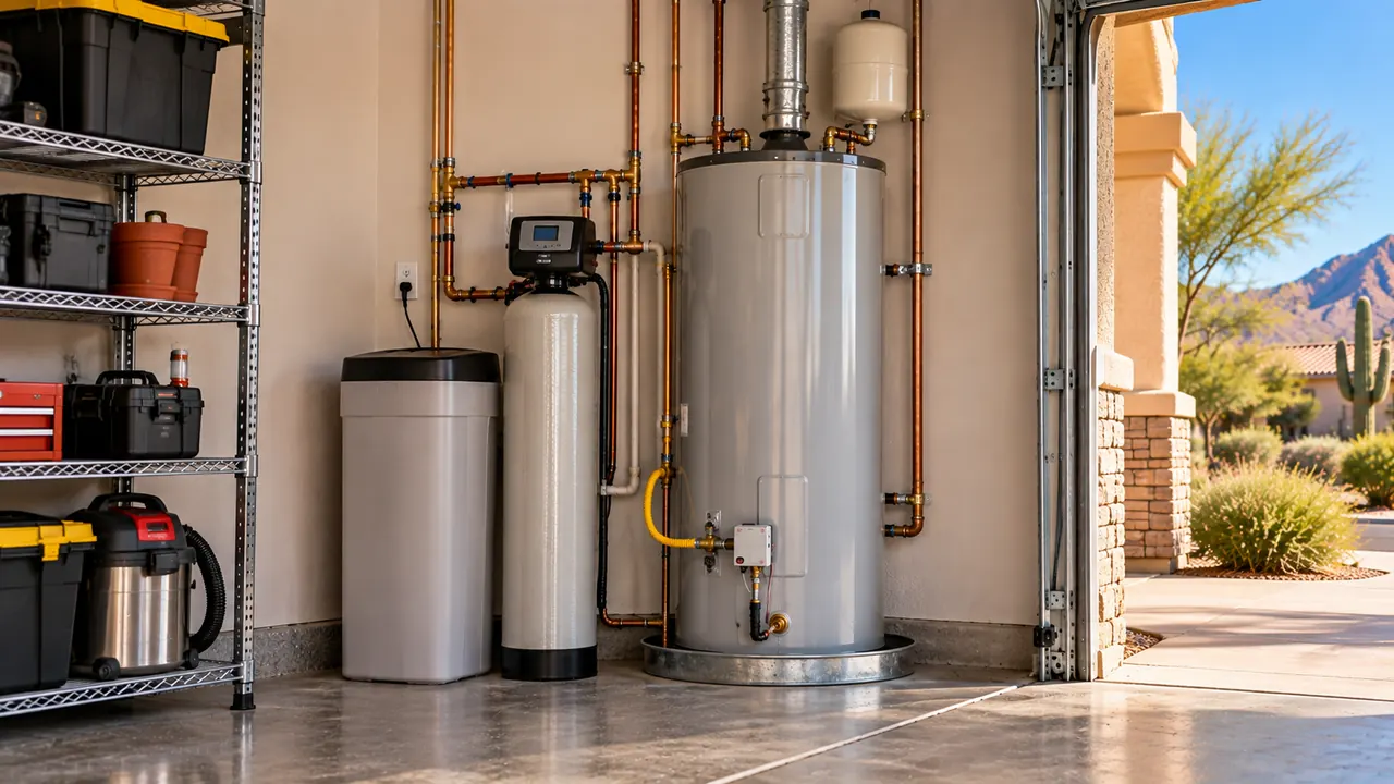 Water softener and brine tank plumbed in beside the water heater in a Phoenix garage