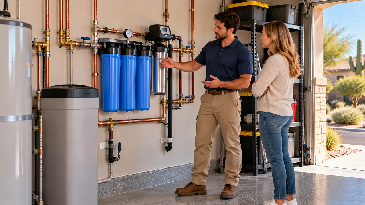 A plumber walks a homeowner through a whole-house filtration system in a Phoenix garage