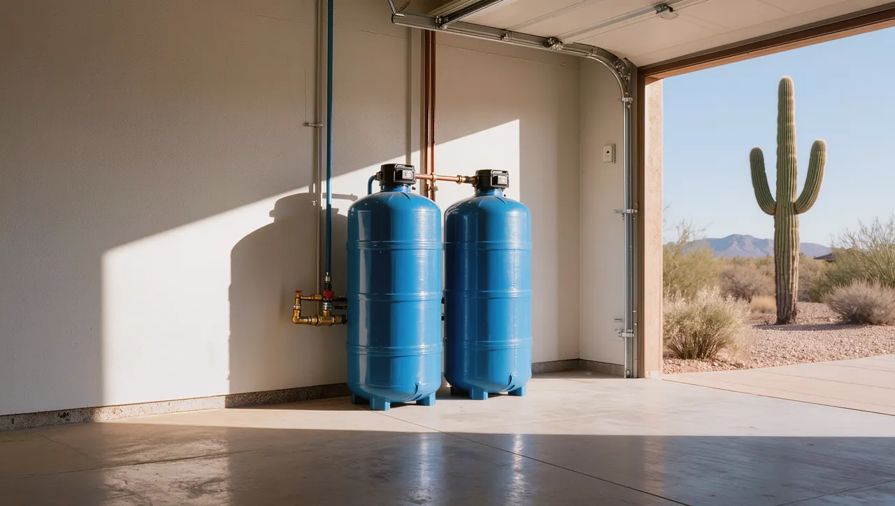 Two whole-house filtration tanks plumbed in line on copper pipe in a Phoenix garage