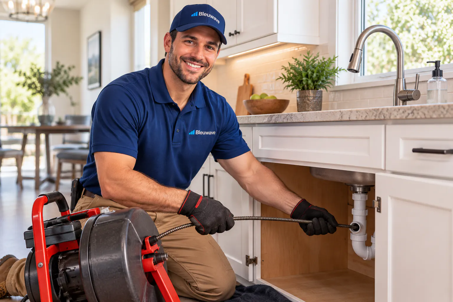 Bleuwave technician clearing a kitchen drain with a drain machine