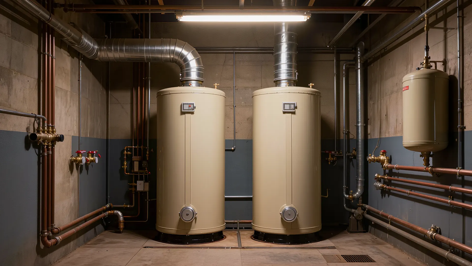 Two upright commercial water heaters and their piping in a building mechanical room