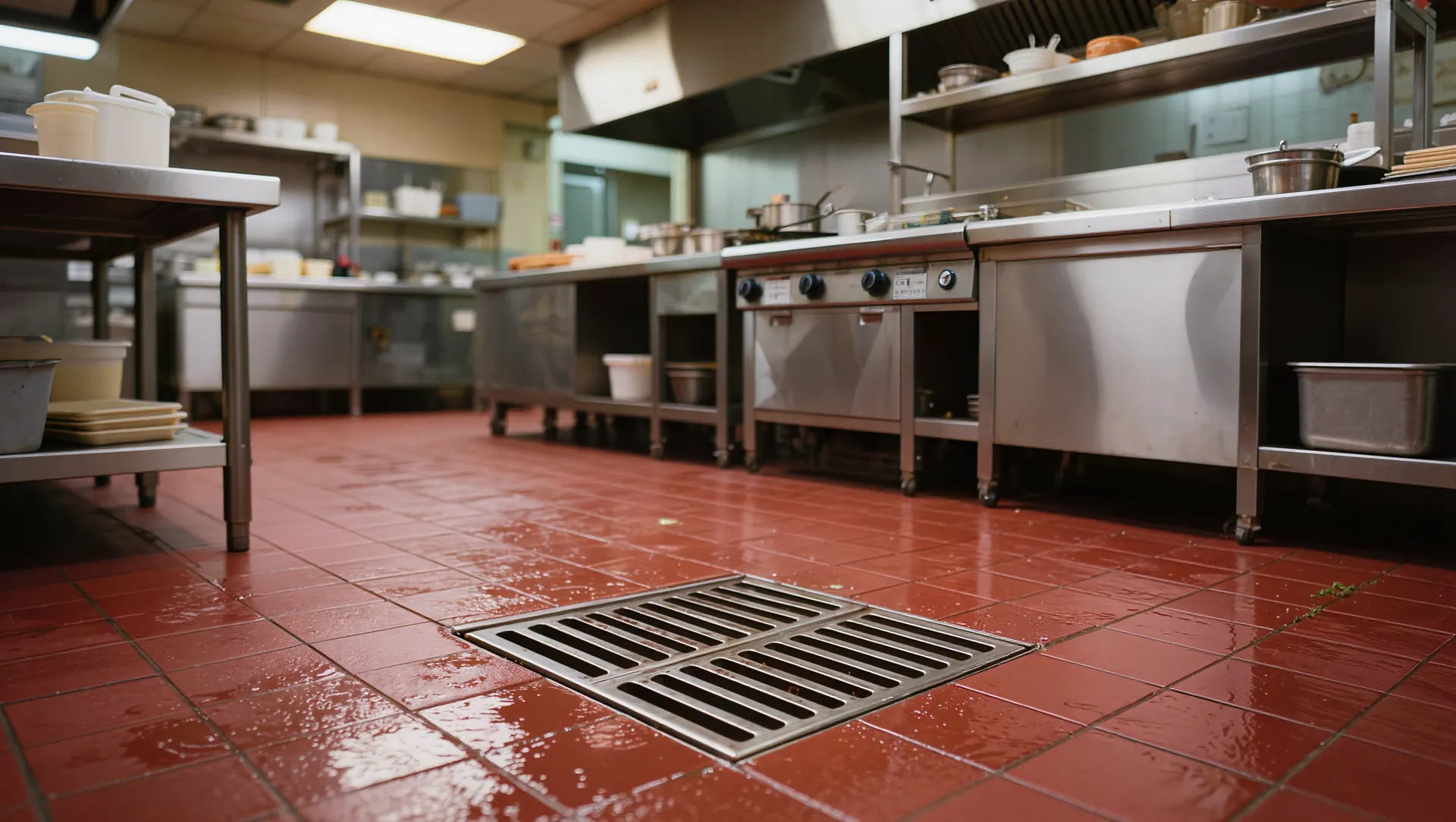 Floor drain in the tile floor of an empty commercial kitchen after closing