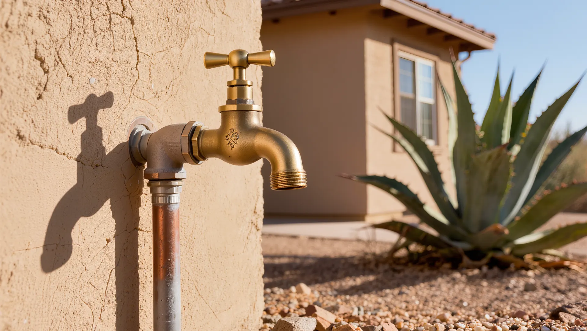 Brass hose bib on a sun-baked stucco wall beside an agave in Phoenix