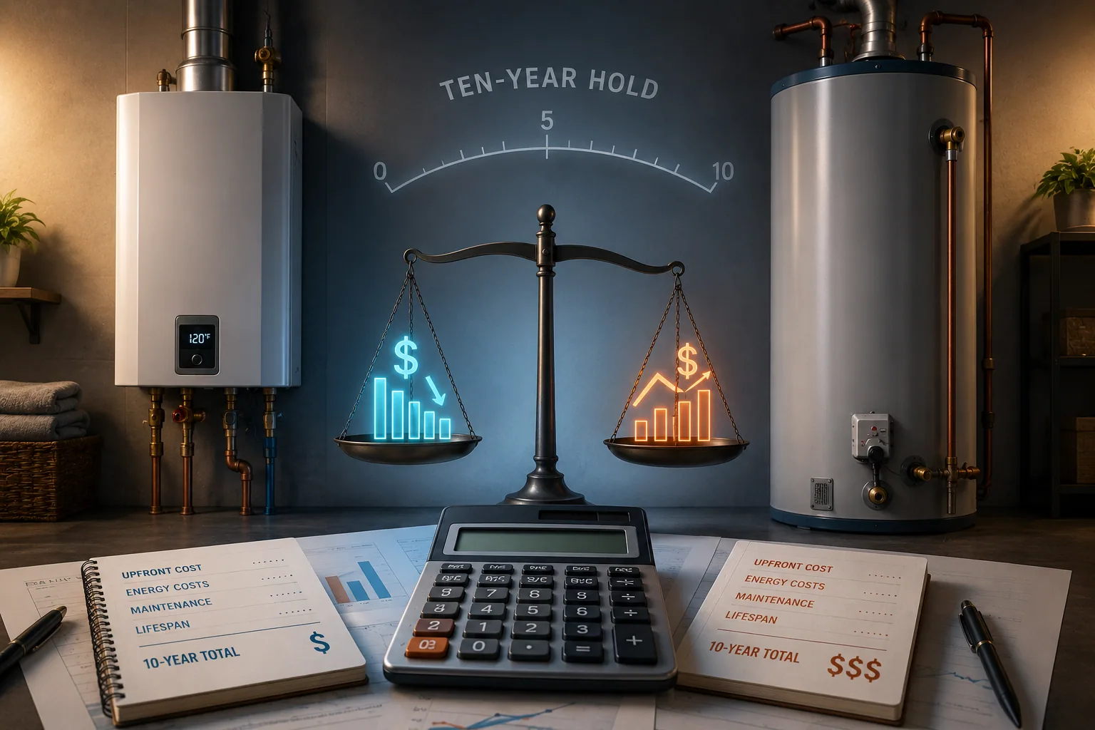 Tankless and tank water heaters either side of a balance scale weighing ten-year costs, with a calculator and cost worksheets