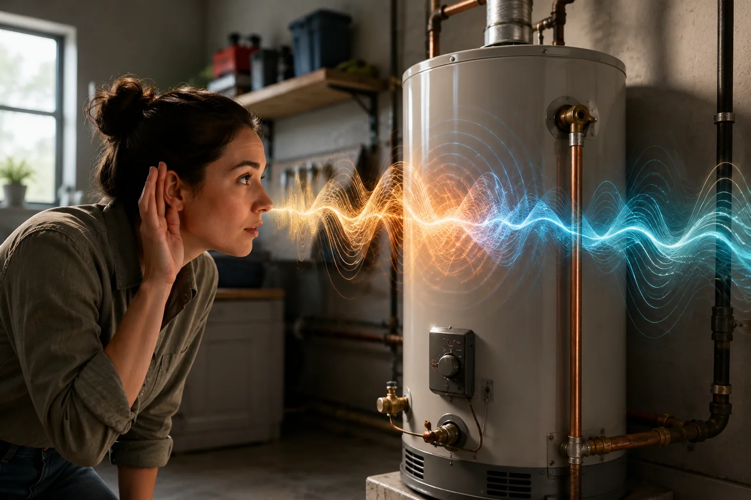 Homeowner leaning in to listen to a water heater, sound waves radiating from the tank