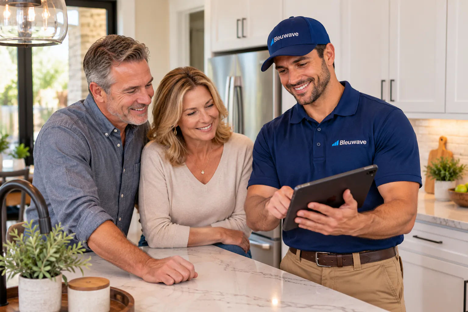 Bleuwave technician reviewing inspection findings with homeowners in their kitchen
