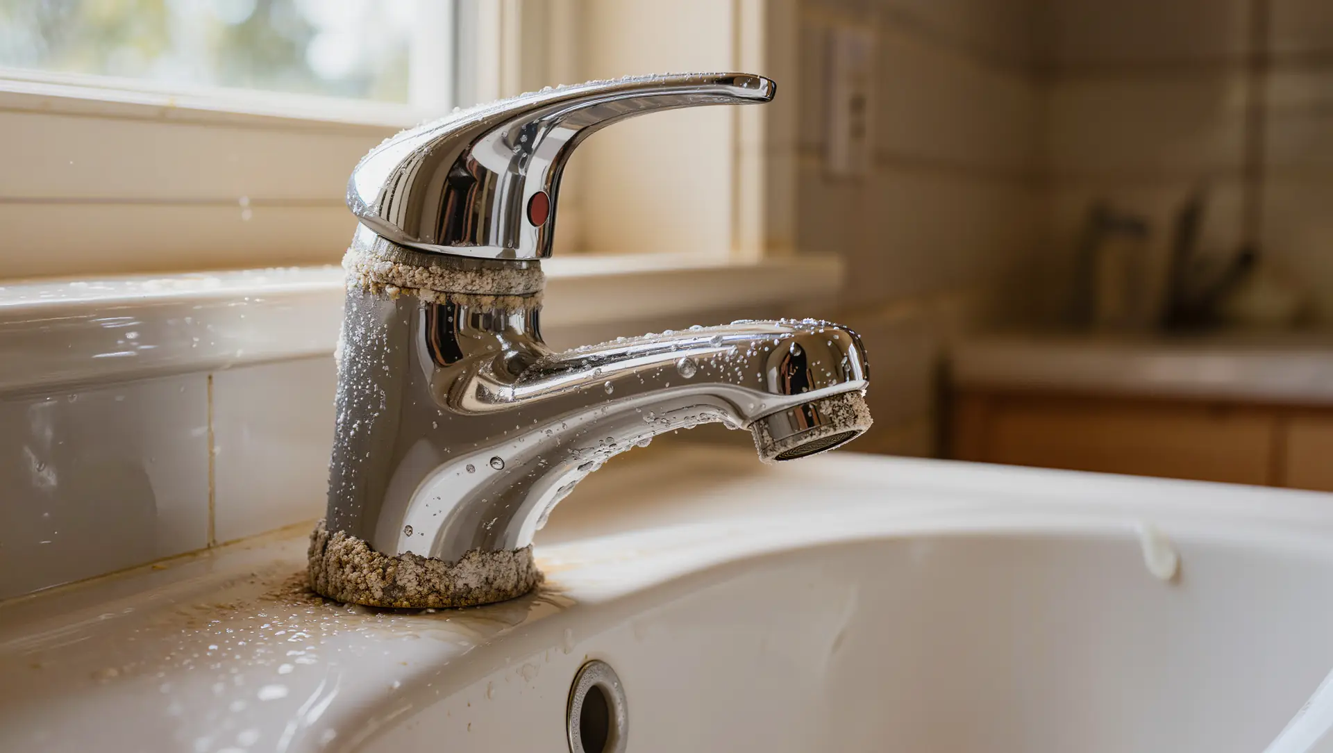 Mineral scale crusted around the base of a bathroom faucet