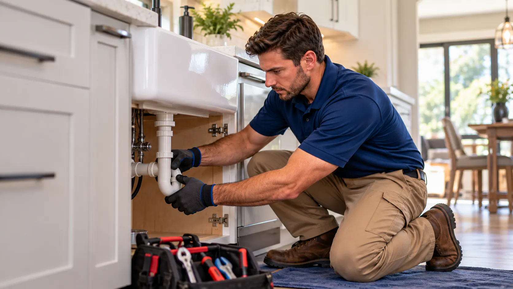 Bleuwave technician working on the plumbing under a kitchen sink